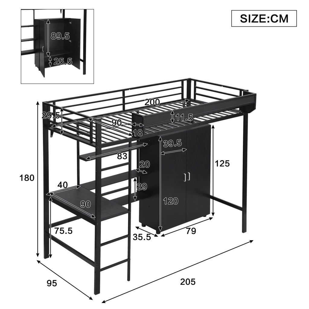 Letto a soppalco 90 × 200 cm con scrivania, armadio a 2 ante e scala a 5 gradini, senza materasso, nero