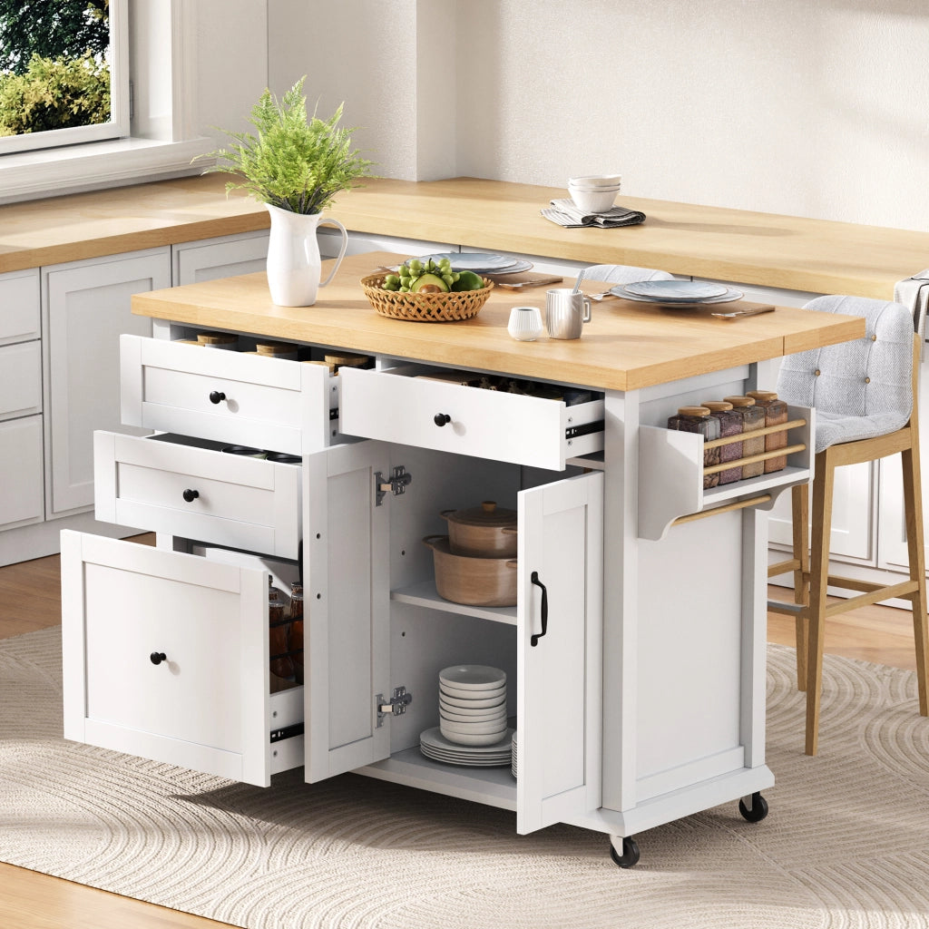 Isola cucina con ruote 107 x 45-70 x 90,5 cm bianco e legno, piano estensibile
