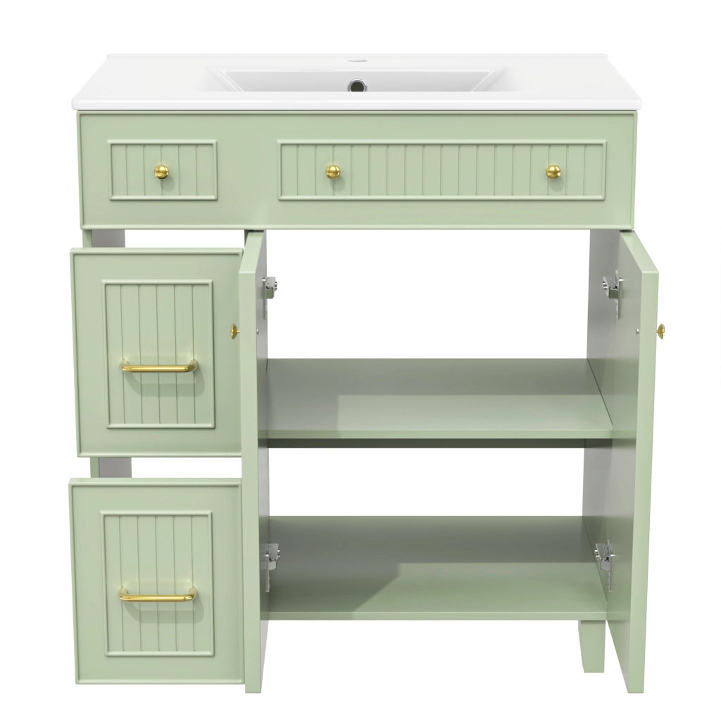 Mobile Bagno a Terra 81.7 cm Verde con Lavabo in Ceramica e Piedini in Legno Massello