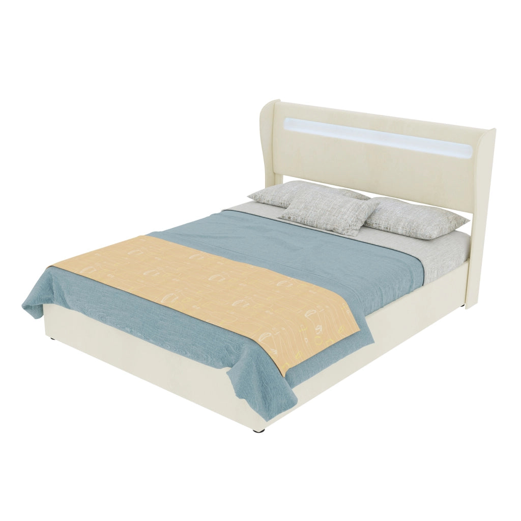 Letto contenitore matrimoniale 140 × 200 cm 2 posti con LED regolabile e base sollevabile, senza materasso, beige