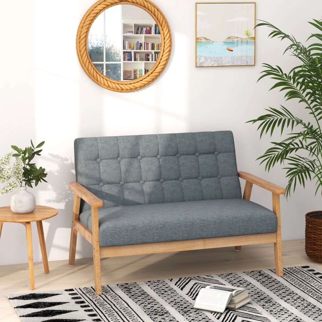 Divano a 2 posti in lino con cuscini e struttura in legno di gomma con design trapuntato, Panchina imbottita Grigio