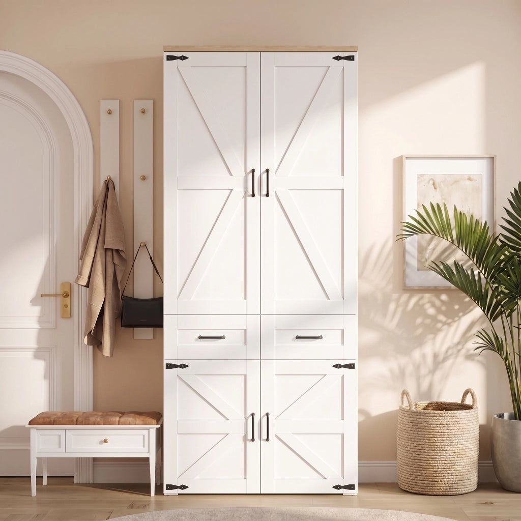 Armadio 4 ante con 5 cassetti e 2 aste appendiabiti, stile rustico, per camera da letto, MDF bianco, 90 × 50 × 200 cm