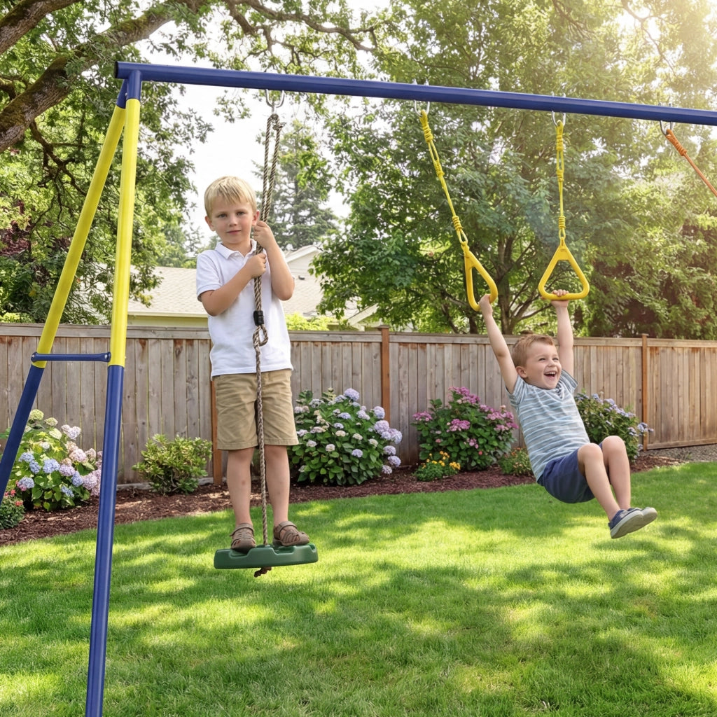 Altalena 3 in 1 per bambini con anelli ginnastica e sedile classico ¨C Xylo ¨C struttura metallo 285x160x181 cm