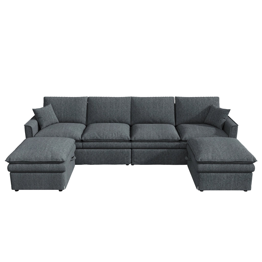 Divano modulare a U o L 6 posti con pouf contenitore, porte USB e Type-C, in cotone e lino grigio, 277×80×135 cm
