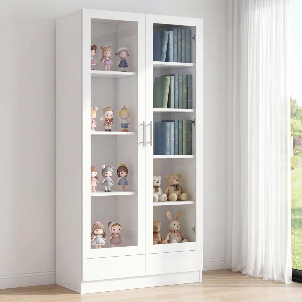 Vetrina 80x40x160 cm in MDF e vetro bianco con 2 cassetti e ripiani