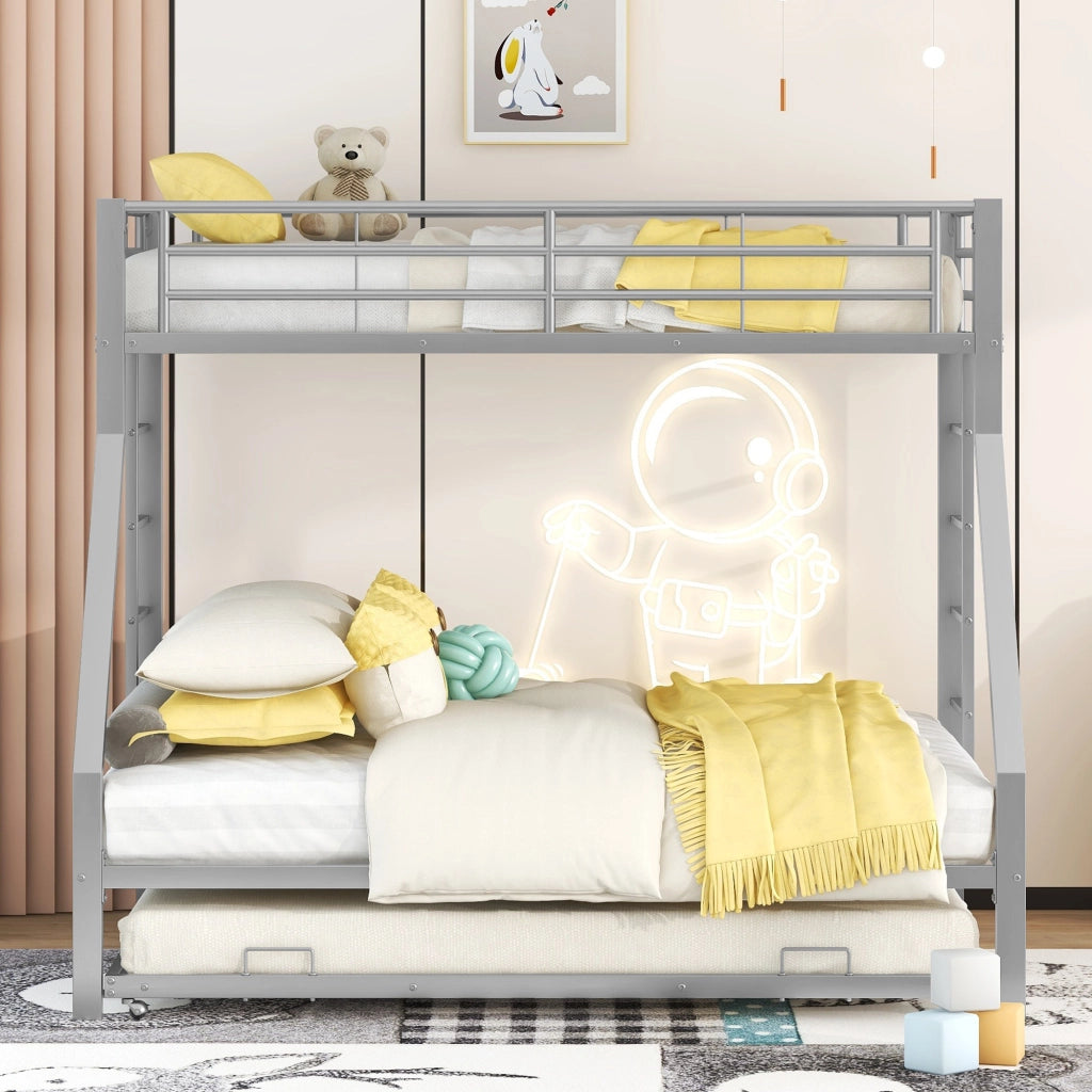 Letto a castello in metallo argento con letto estraibile e scale su entrambi i lati per bambini e ragazzi