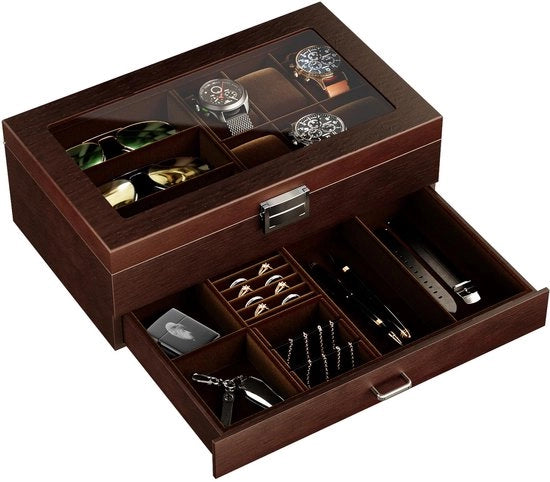 Box per orologi in legno con finitura a piano lucido, 2 livelli, box per occhiali orologio con coperchio in vetro per 6 orologi e 3 vetrini - Espresso