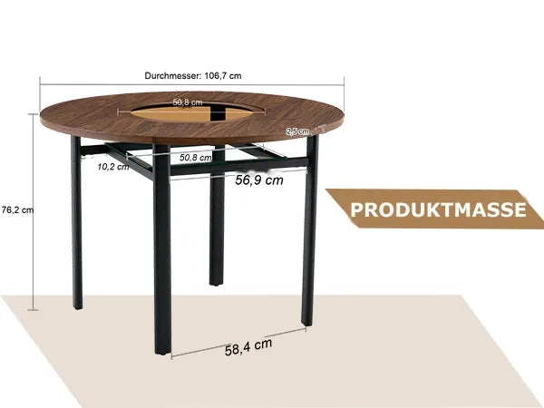 Tavolo rotondo moderno minimalista, diametro 100 cm, motivo legno marrone, piano vetro incassato marrone-grigio, struttura metallo stabile, per 2-4 persone