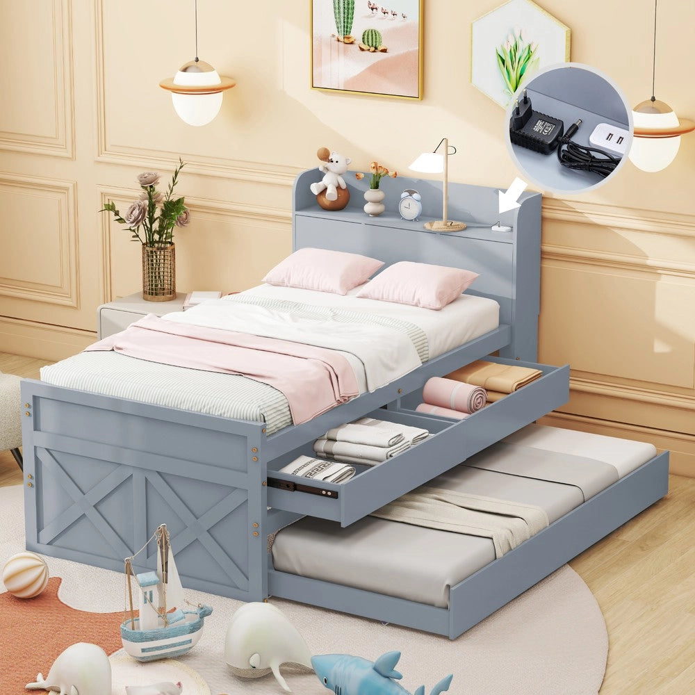 Letto Singolo con Rete a Doghe Cassetto e Comodino ¨C Minimal ¨C Grigio Legno Pino Massello 90x190cm