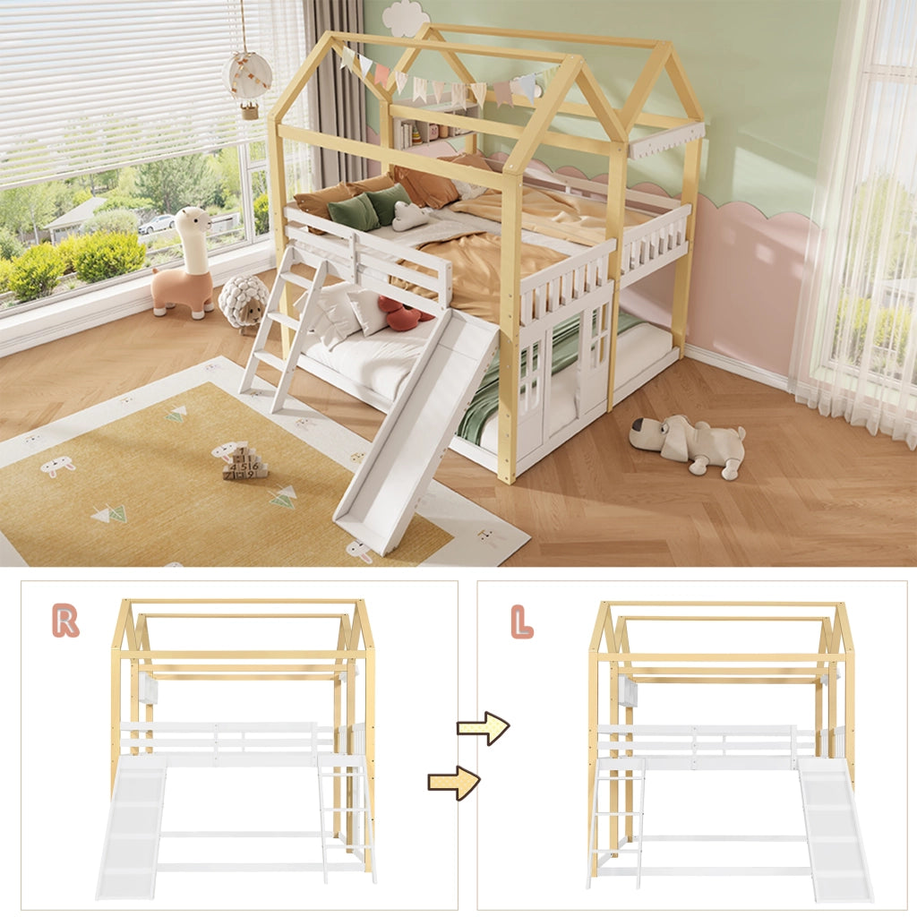 Letto a soppalco per bambini 90 × 200 cm con scivolo e scala reversibili in legno bianco e naturale