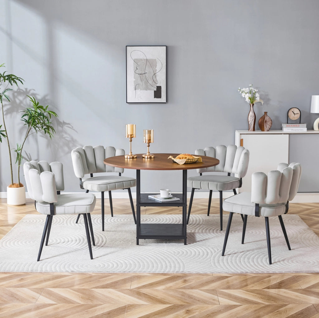 Set tavolo da pranzo rotondo Ø107 cm con 4 sedie in tessuto grigio chiaro e ripiani HOMVRA