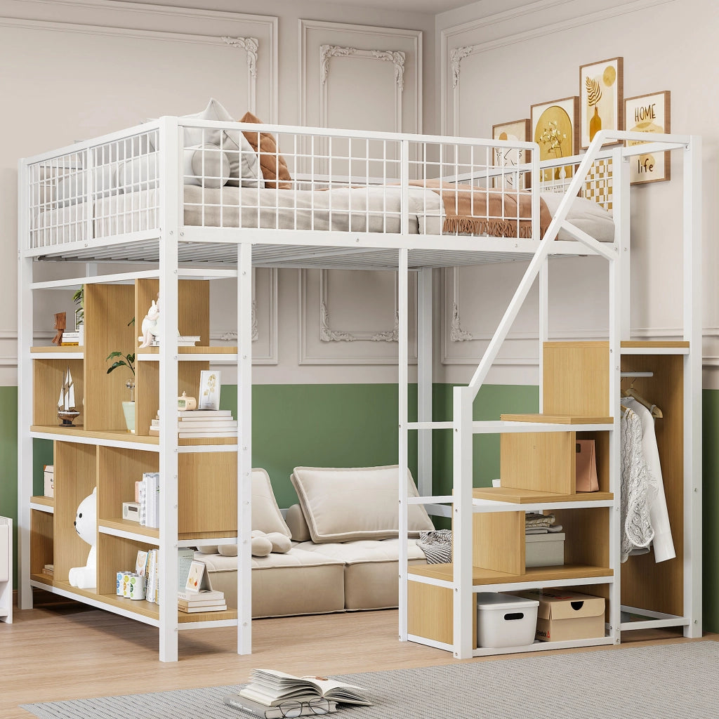 Letto a soppalco 140 × 200 cm con scala contenitore e vano aperto in metallo e legno bianco