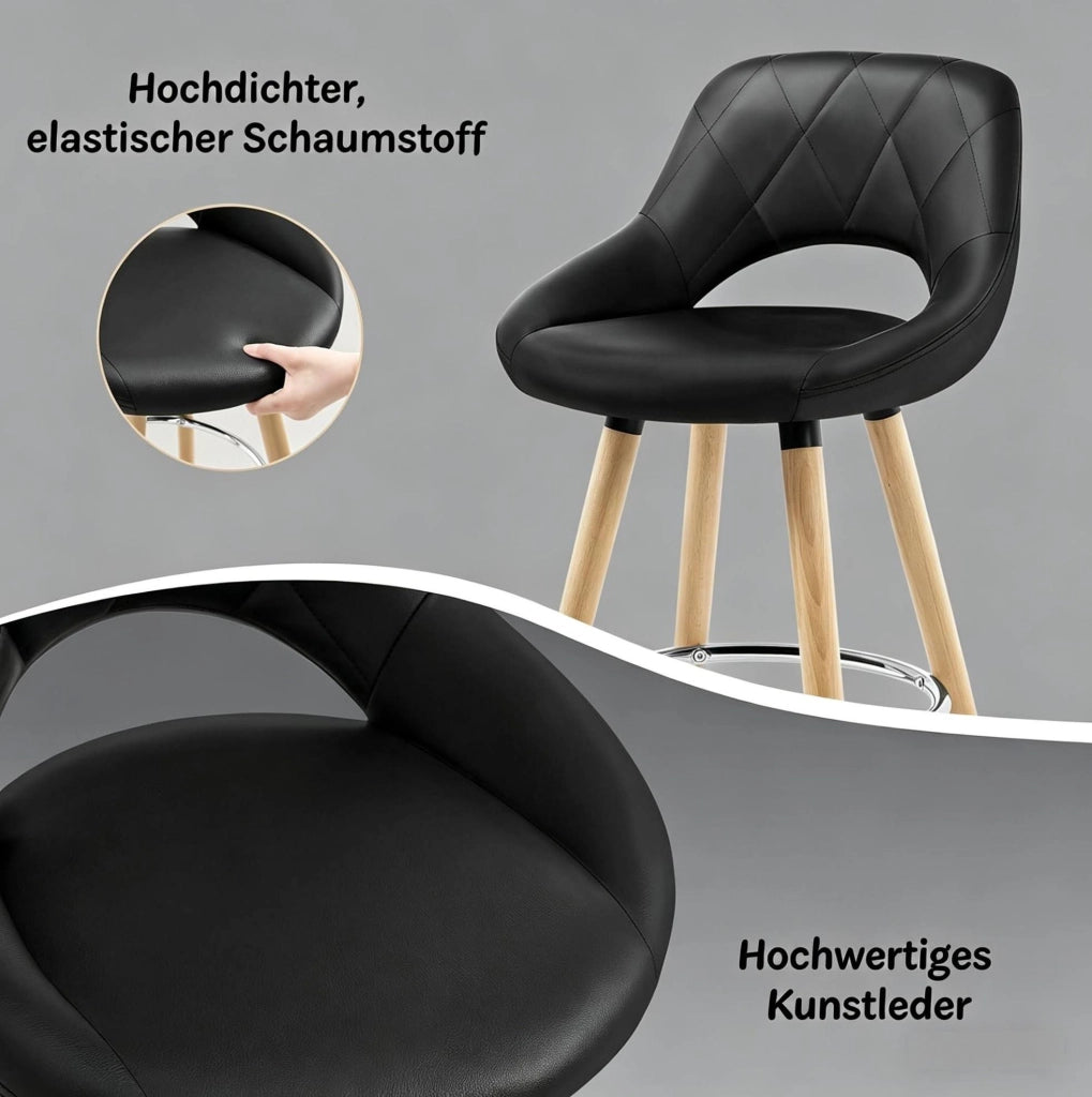 Sgabello da bar nero in similpelle con gambe in legno