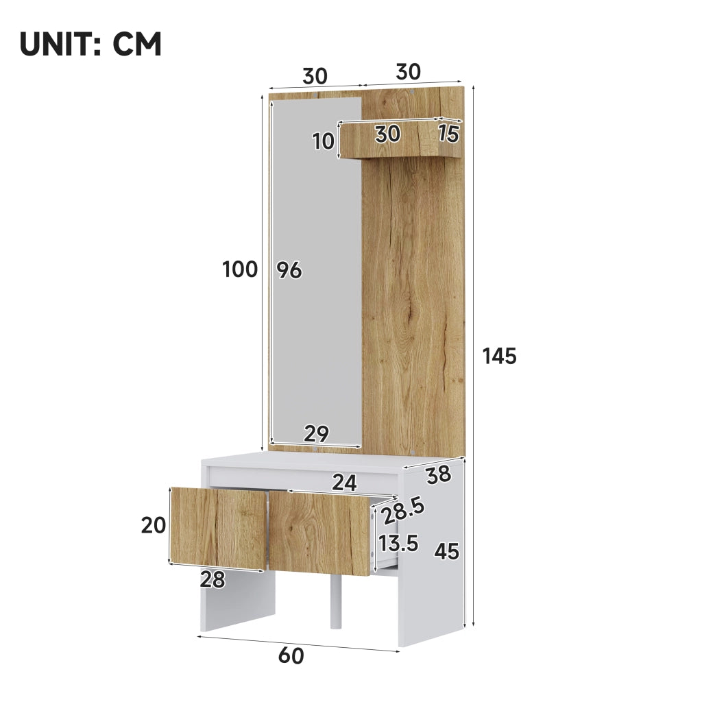 Mobile ingresso con specchio; 2 cassetti e ganci - per ingresso - 60x38x145 cm - bianco e naturale