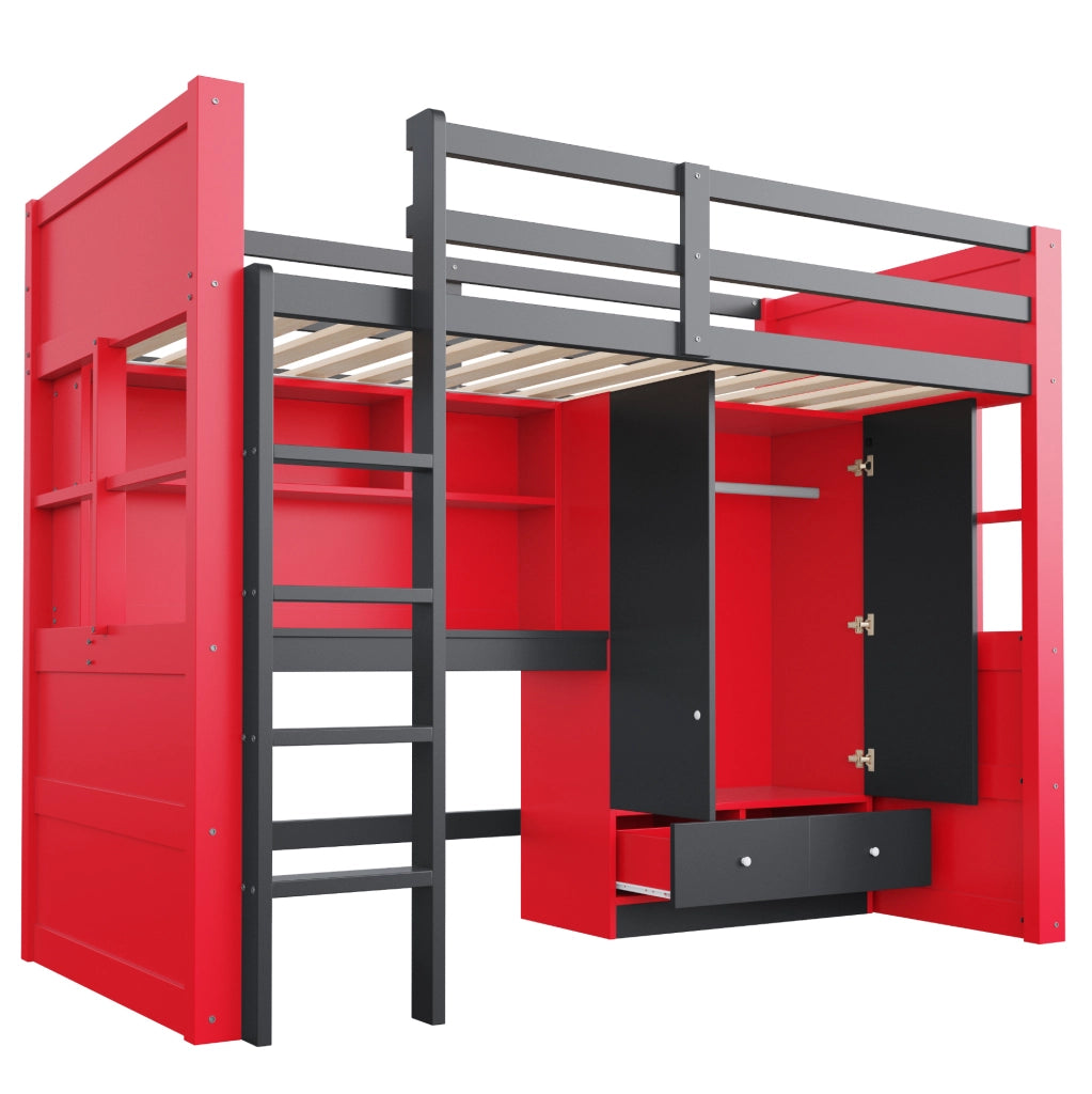 Letto a castello 90x200 cm in legno con armadio, scrivania, cassetti e scala, stile gaming nero e rosso
