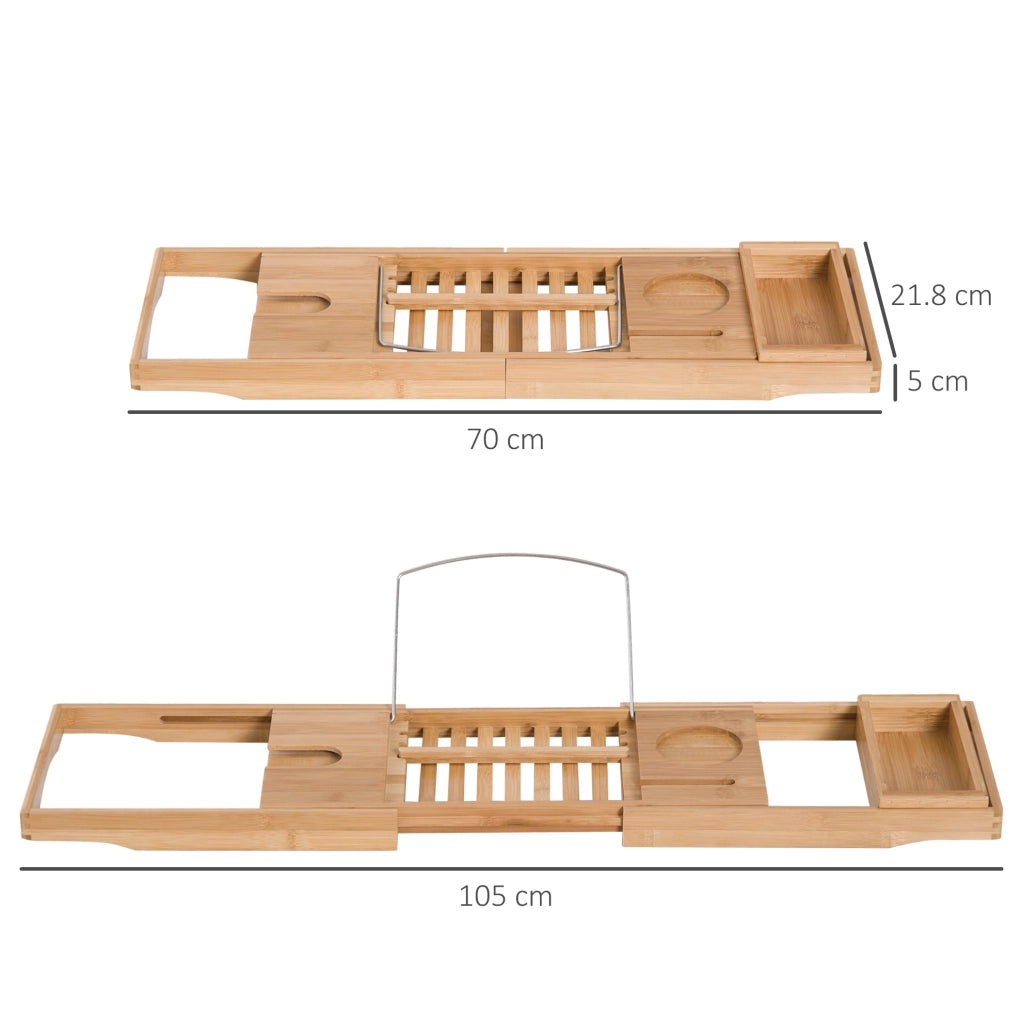 Ripiano per vasca da bagno in bambù naturale, regolabile 70-105x21,8x5 cm, con supporti in acciaio inossidabile