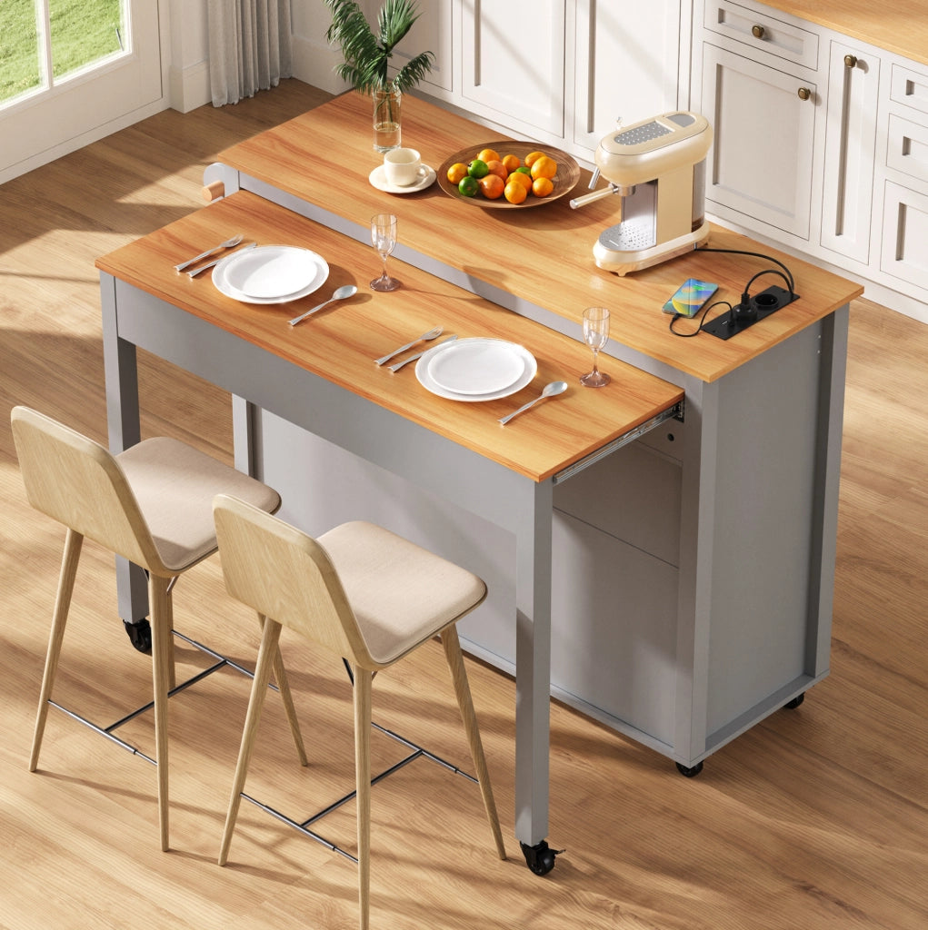 isola da cucina su ruote grigia 120x40 cm con piano estensibile e prese