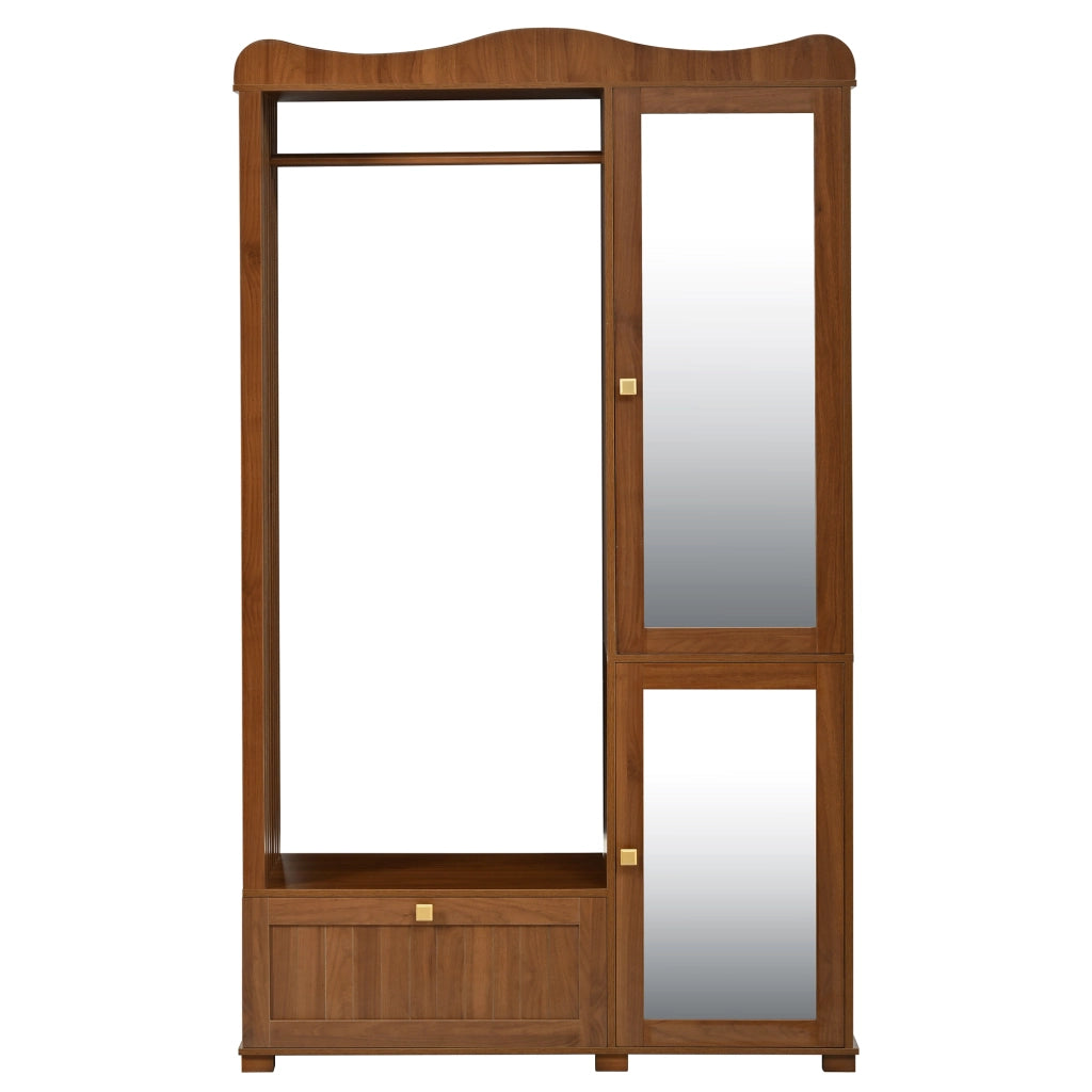 Guardaroba aperto con specchio intero barra appendiabiti ante e cassetti in MDF color noce 115.5 × 38.5 × 194.5 cm