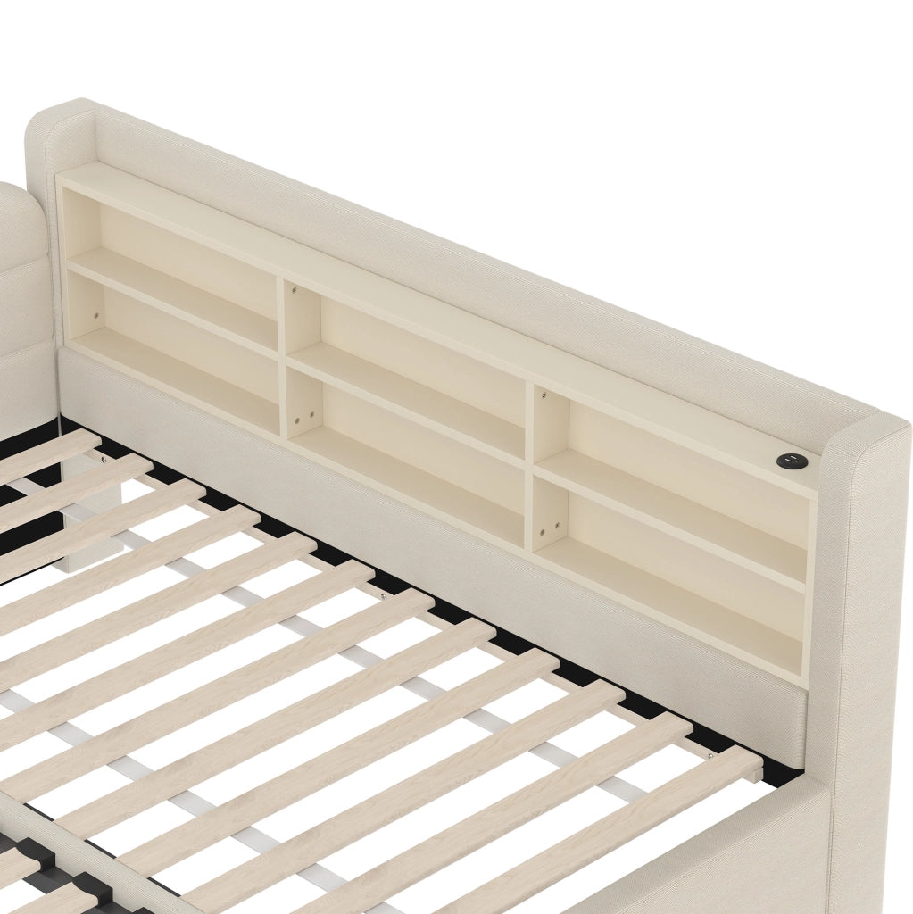 Letto 90x200 cm estraibile con USB e Tipo C; lino beige