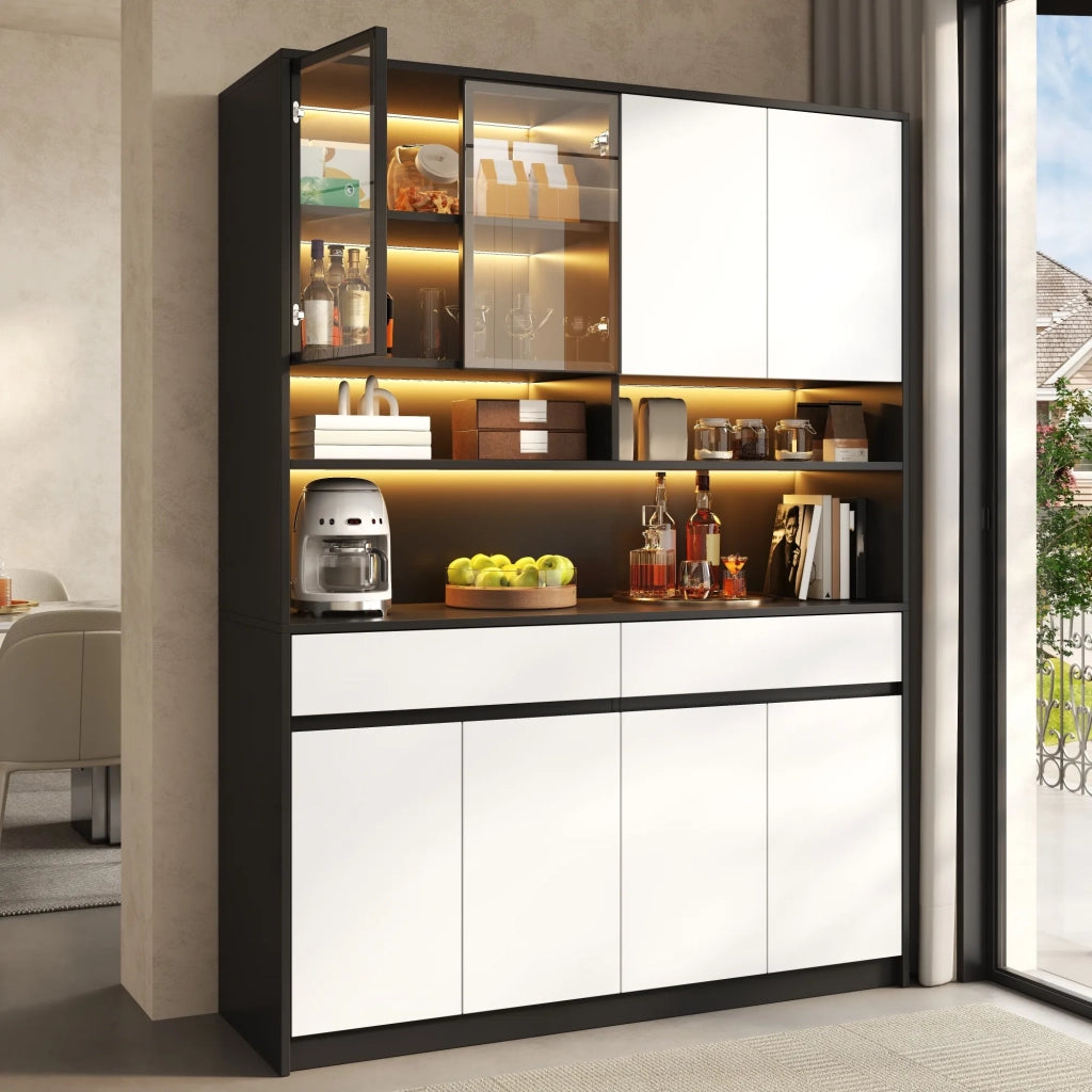 Mobile alto con illuminazione LED a colori controllata via APP, vano espositivo in vetro e ripiano aperto, credenza per soggiorno