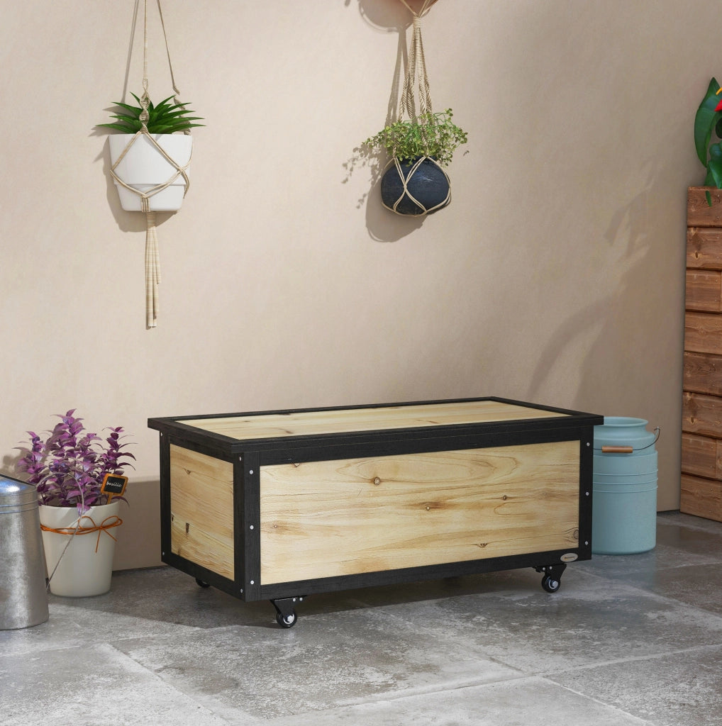 Cassa da Esterno in Legno di Abete 121L con Ruote, Contenitore Resistente per Balcone e Terrazza