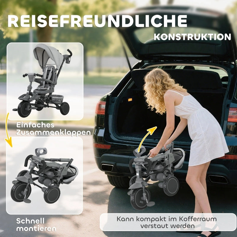 Triciclo per bambini, passeggino 6 in 1 per i pi¨´ piccoli, con maniglione, sedile regolabile, design pieghevole, rete di sicurezza, grigio