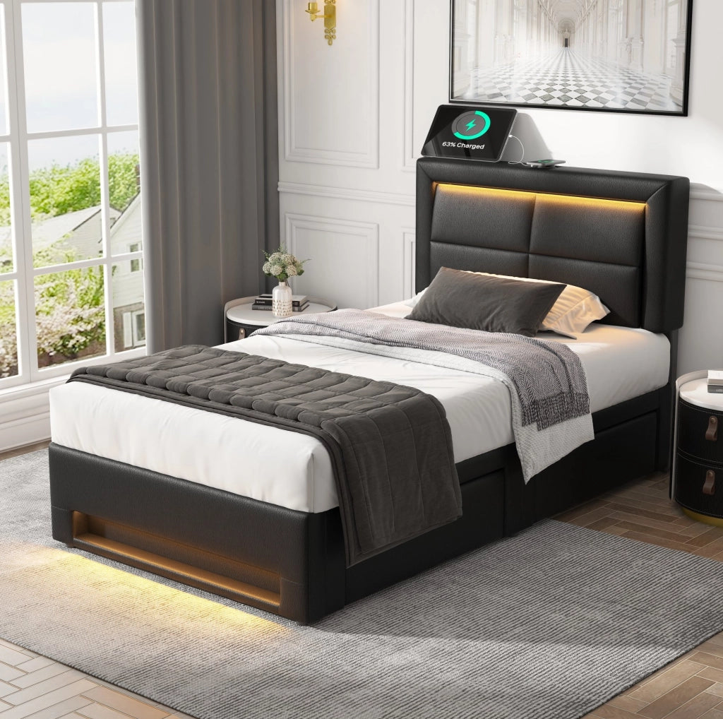 Letto singolo imbottito 90x190 cm con LED, USB e 4 cassetti