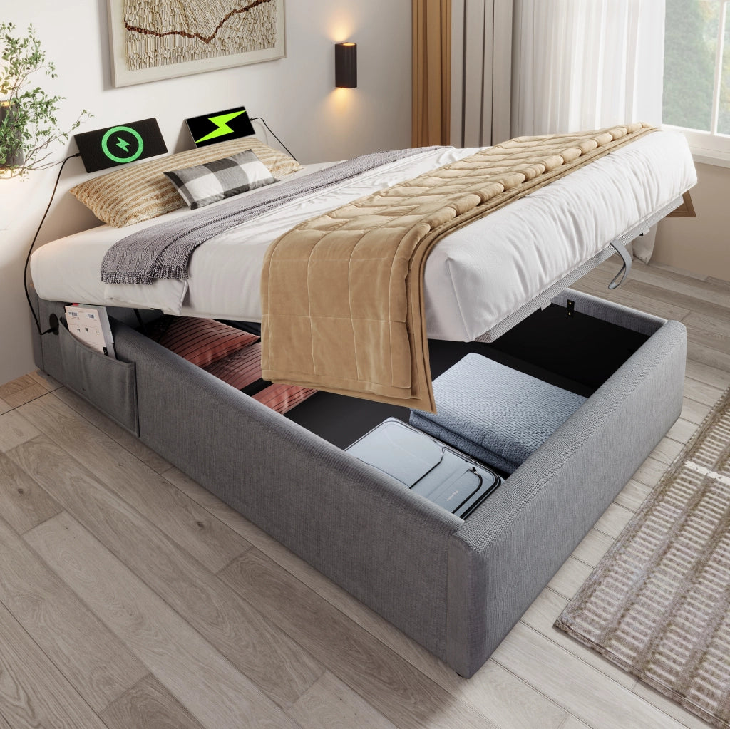 Letto contenitore 90 x 200 cm grigio con USB e Type-C