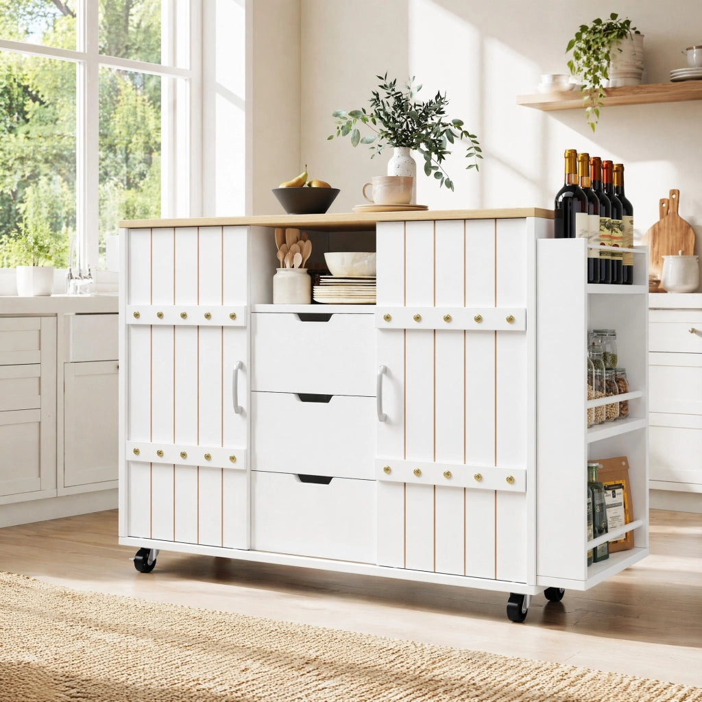 Carrello da cucina con piano ribaltabile 3 cassetti ante scorrevoli ripiano laterale MDF bianco 110 × 42 × 90 cm