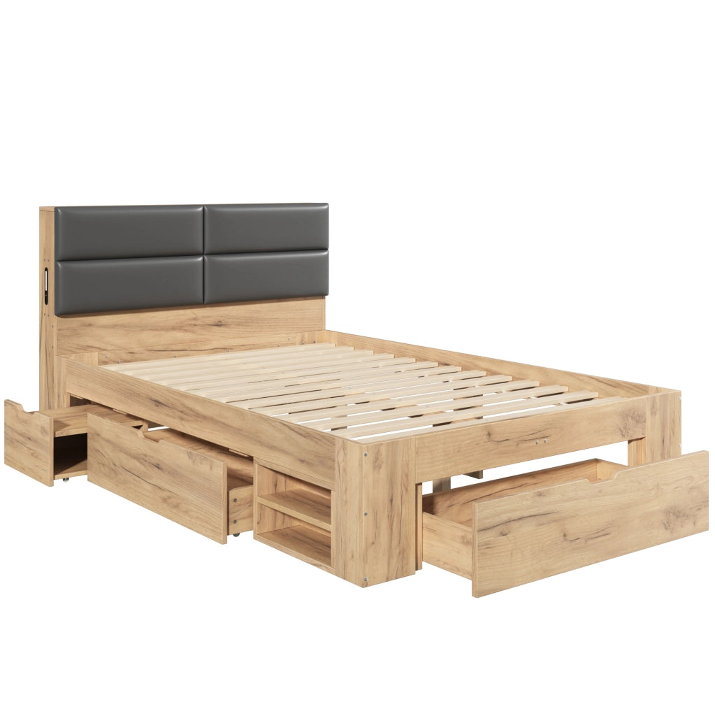 Letto ULEVR 140x200 cm con cassetti, vani estraibili, luce notturna LED, USB e USB-C, naturale