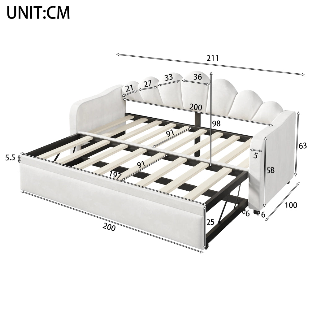 Letto estraibile 90 x 200 cm con LED, divano letto imbottito con posto letto sollevabile o a terra e reti incluse, bianco, per camera moderna