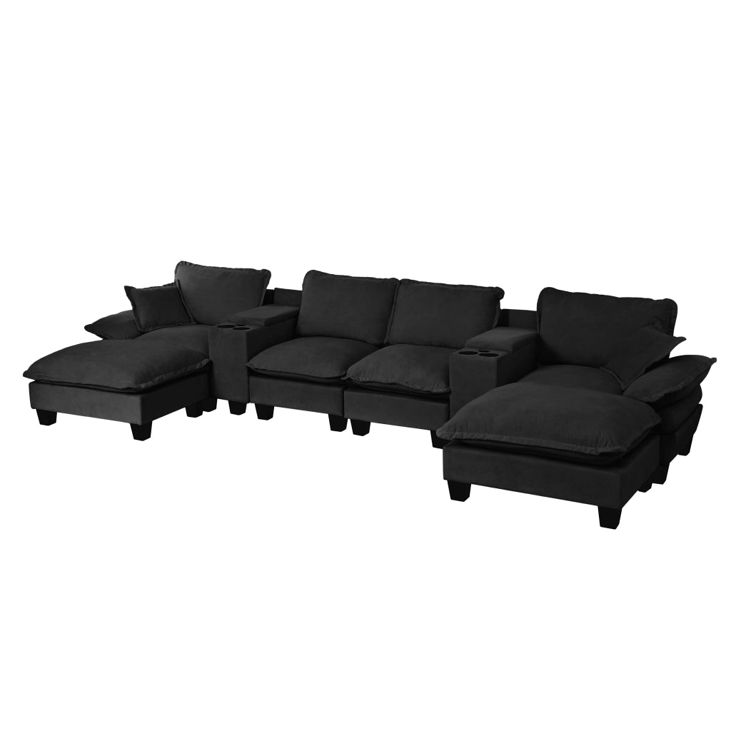 Divano Modulare U-Shape con Ottomane, Contenitore e Portabicchieri ¨C MINIMAL ¨C Chenille, Nero