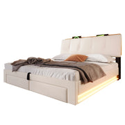 Letto contenitore 140x200 cm in lino beige con cassetti; testiera portaoggetti; LED e USB-C