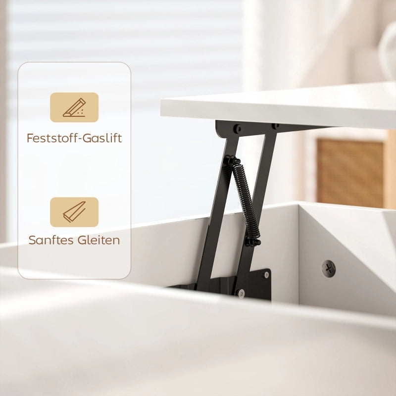Tavolino basso alzabile con vano nascosto e 2 cassetti in legno e metallo bianco lucido 102 × 48 × 40 cm