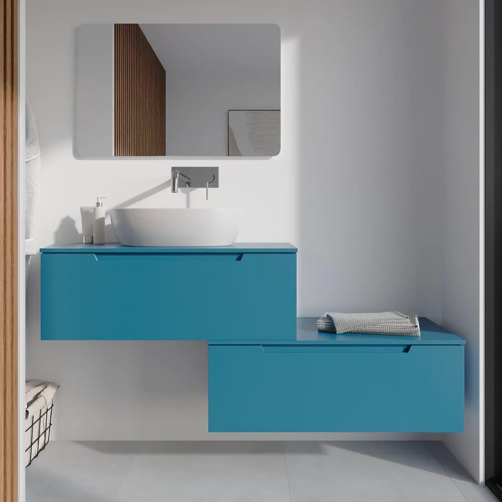Mobile bagno sospeso modulare 90cm dusk blue opaco due cassetti con top | Bako
