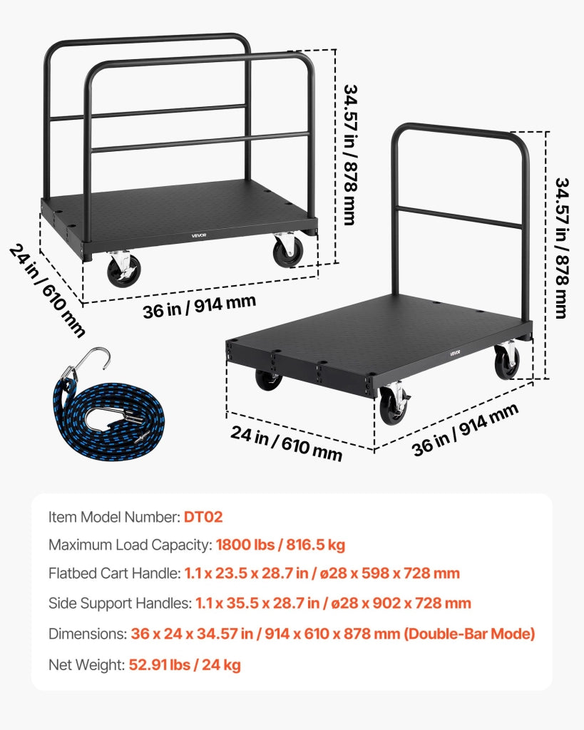 Carrello per Cartongesso e Pannelli in Acciaio DT02, Carico 816 kg, Ruote Girevoli, 3 Corrimano, 91,4x61 cm, Robusto per Officina e Garage, Nero