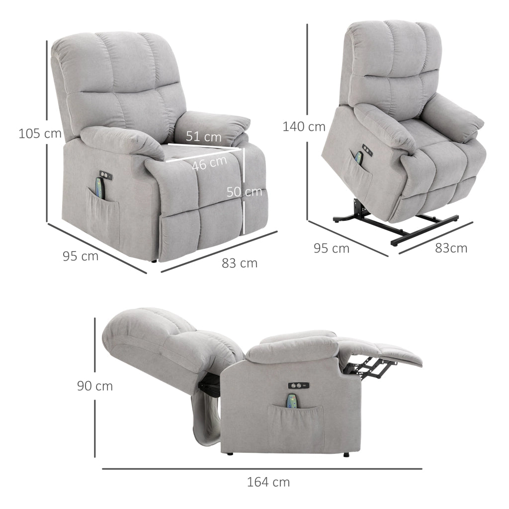 Poltrona relax rialzabile con alzata assistita schienale reclinabile a 160° USB e tasca laterale in poliestere grigio