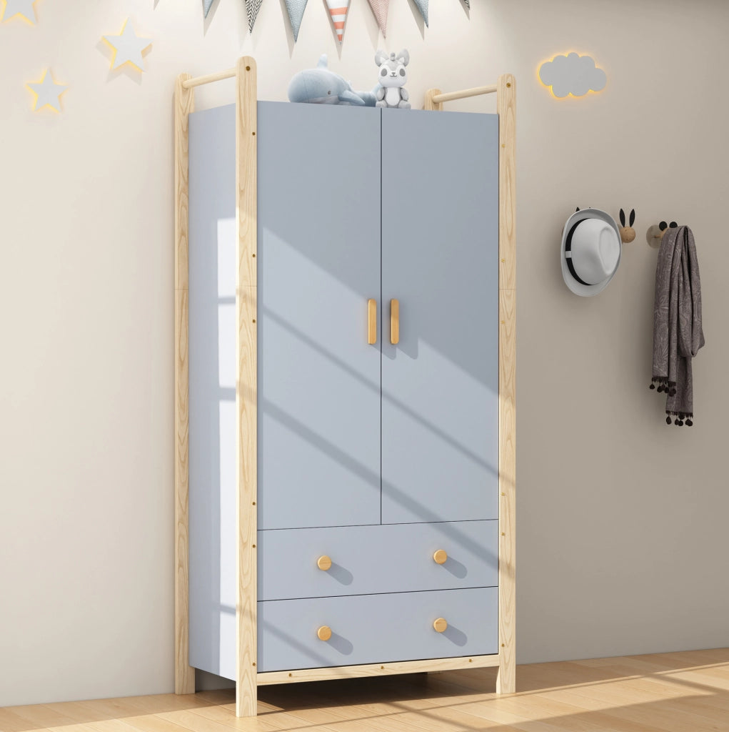 Armadio 2 ante blu con 2 cassetti e appendiabiti