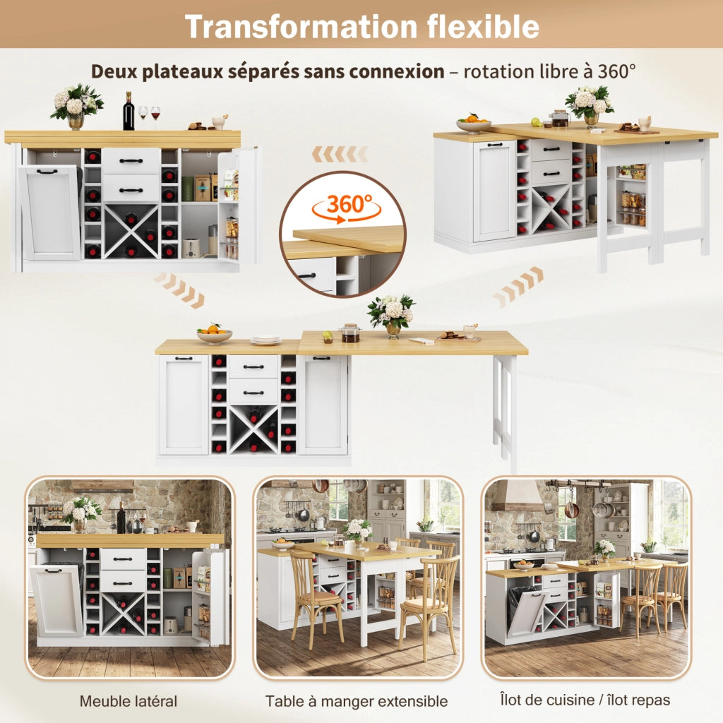 Isola cucina girevole 360° con tavolo 120-223x40x73;8 cm; MDF bianco e metallo