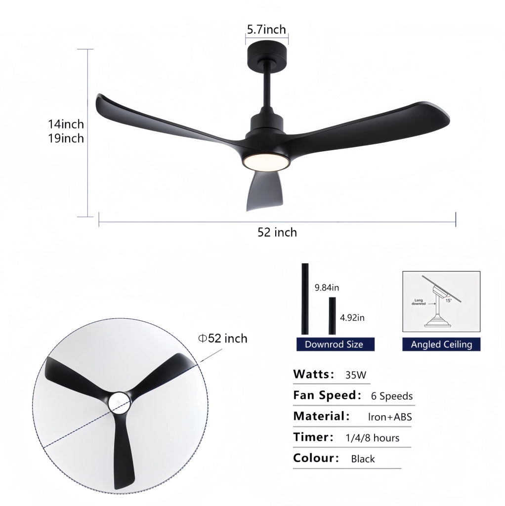 Ventilatore da soffitto con luce 52" nero, 3 pale, motore DC reversibile, telecomando