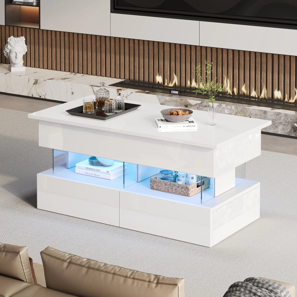 Tavolino basso alzabile con piano idraulico LED Bluetooth; 2 cassetti e vano nascosto bianco 100 × 50 × 46 cm