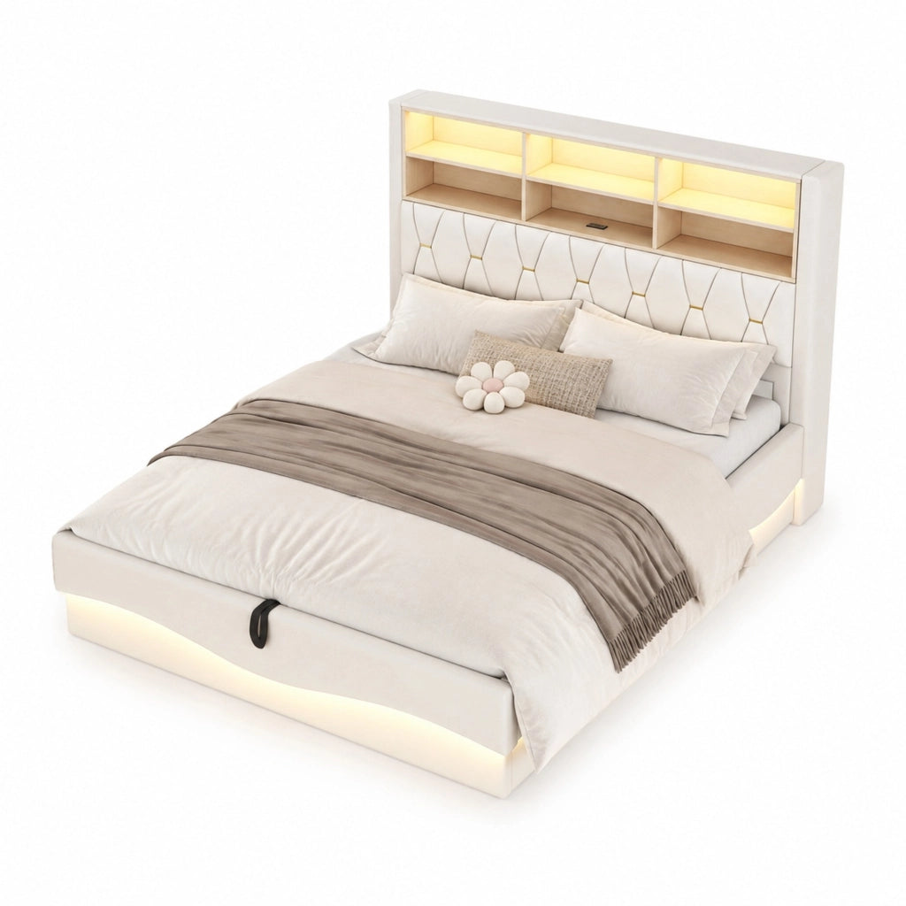 Letto contenitore 180x200 cm in lino e metallo beige con LED e USB, senza materasso