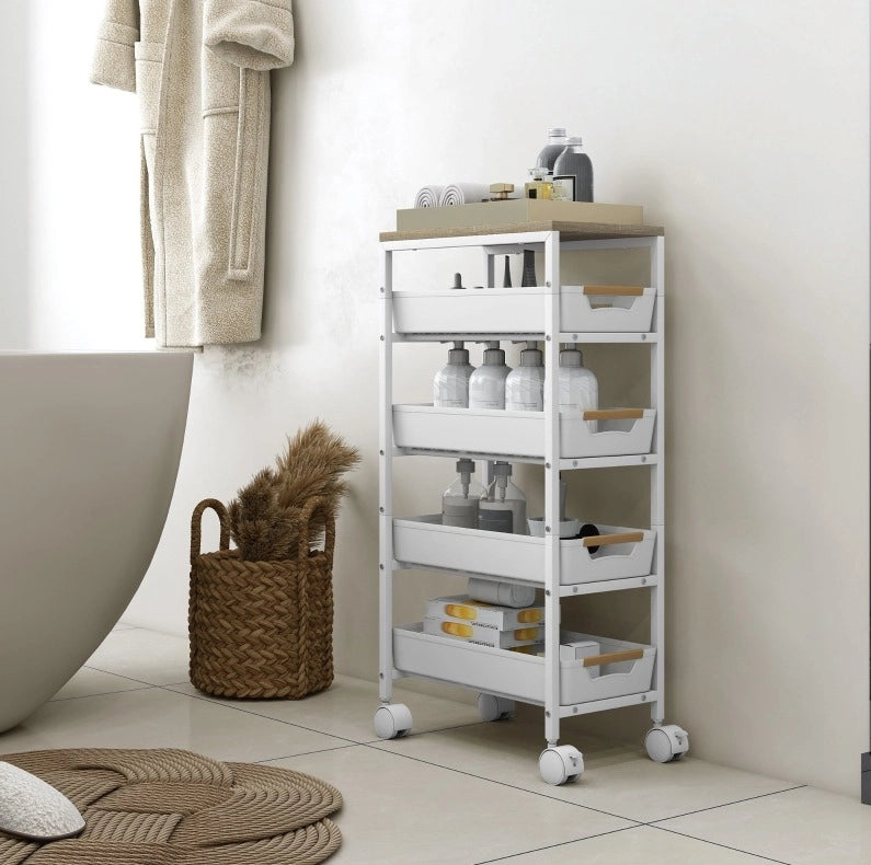 Carrello da cucina salvaspazio a cinque livelli con cassetti e ruote