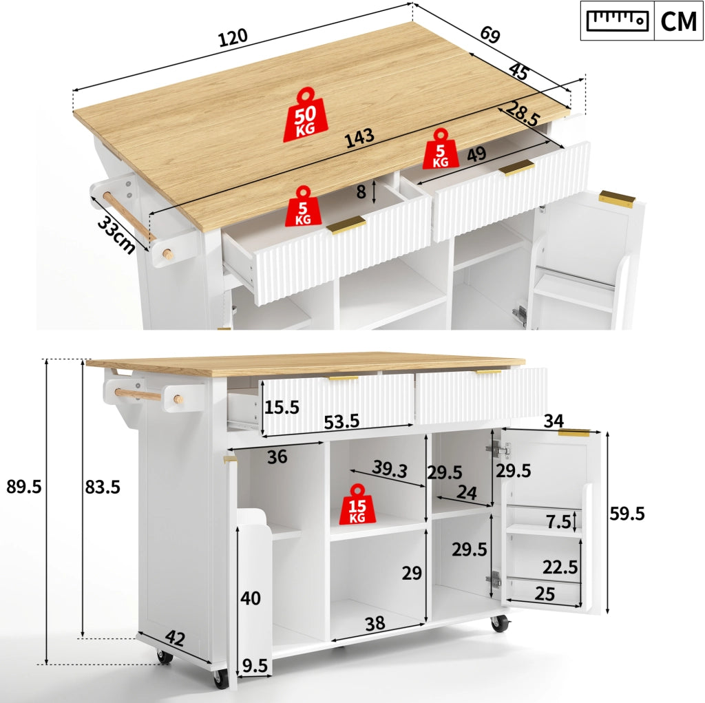 Isola da cucina ULEVR 143x45x89,5 cm su ruote con piano pieghevole, 2 cassetti e 2 ante, bianco e naturale