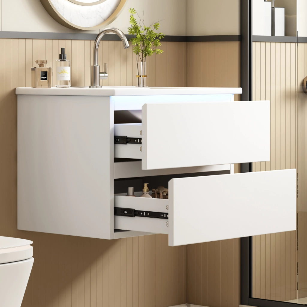 Desviae Mobile sottolavabo sospeso con lavabo in ceramica LED con sensore radar 2 cassetti MDF bianco 61 × 46 × 45 cm