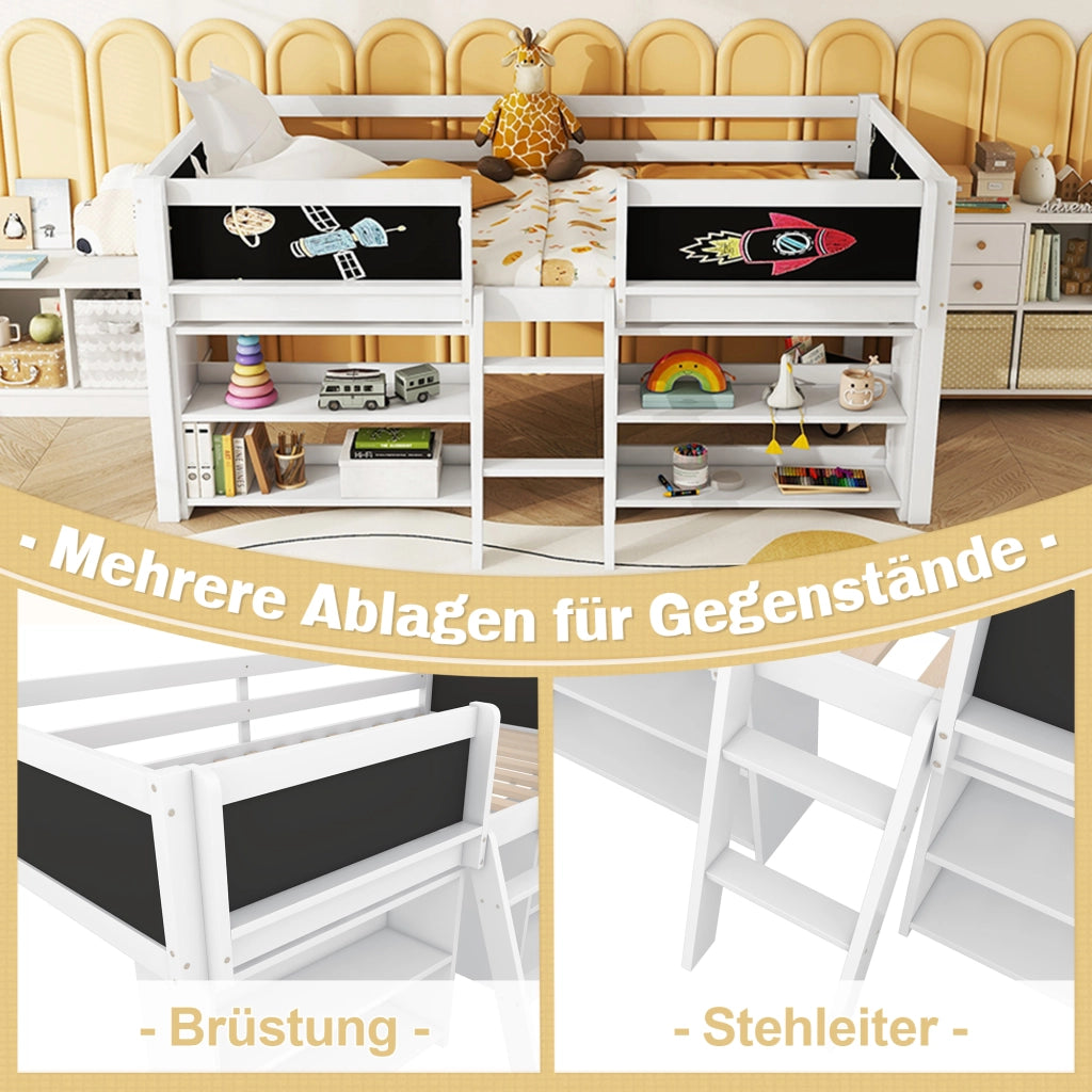 Letto a soppalco 90 × 200 cm con ripiani contenitori e scala in legno e MDF