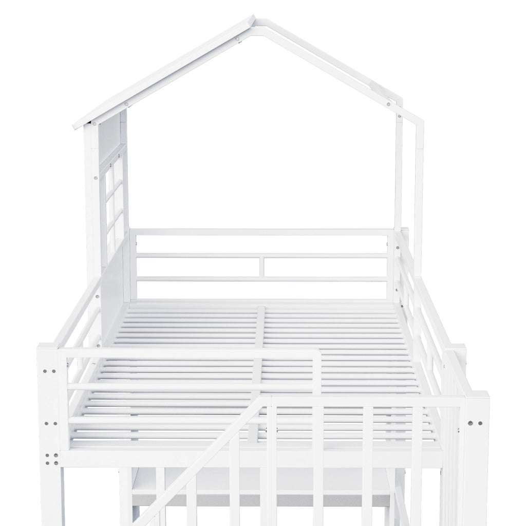 Letto a soppalco singolo 90×200 cm con scala contenitore e ripiani; senza materasso; MDF e metallo; bianco