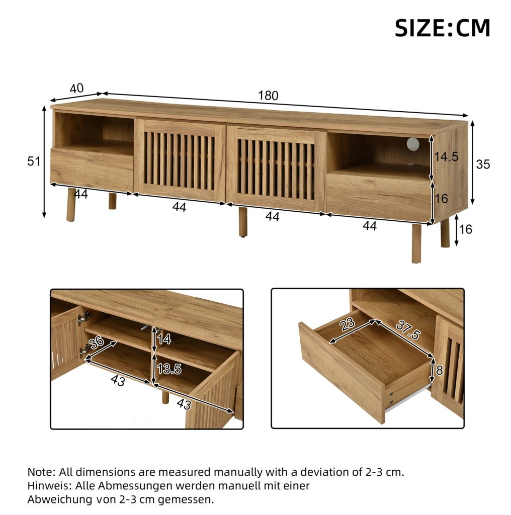 Mobile TV 180x40x51 cm con 2 ante a griglia e 2 cassetti effetto legno naturale HOMVRA
