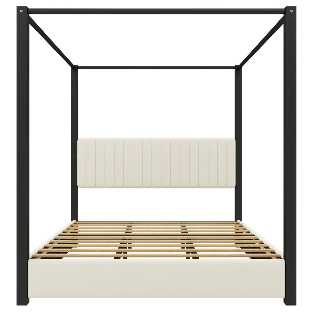 Letto imbottito con struttura a baldacchino 180x200 cm, testiera imbottita e telaio in metallo beige e nero