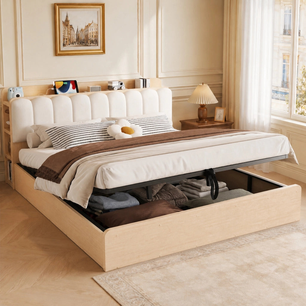 Letto contenitore 180 × 200 cm con sollevamento idraulico testiera imbottita USB luce notturna legno naturale
